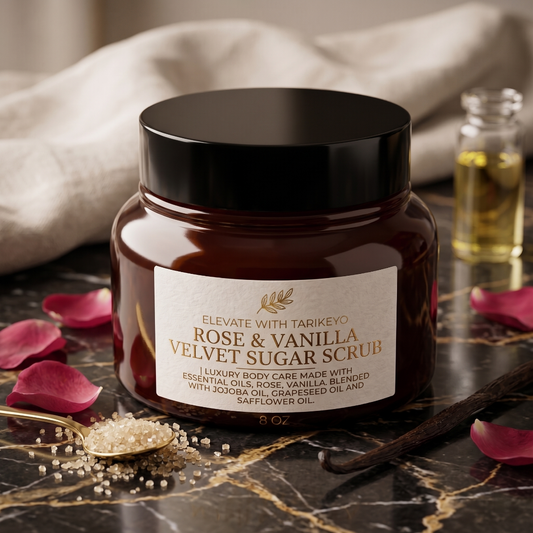 A jar of Elevate with Tarikeyo Rose & Vanilla Velvet Sugar Scrub sits on a dark marble surface with rose petals, a spoon of sugar crystals, and a vanilla bean. A small glass bottle of oil is blurred in the background.