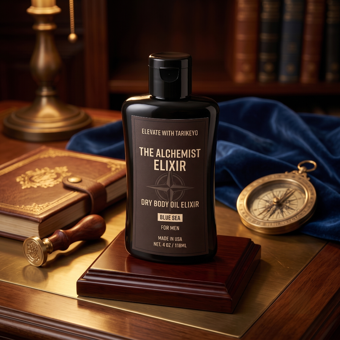 A bottle of 'The Alchemist Elixir' dry body oil elixir in Blue Sea scent, displayed on a wooden pedestal. The bottle is black with a black cap and a detailed label.