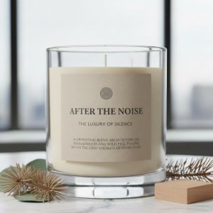 Minimalist luxury 12.5oz lavender and vetiver candle by Tarikeyo titled After The Noise, set in a dimly lit, cozy evening room with soft blankets.