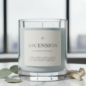 • Luxury 12.5oz soy candle in clear glass jar titled Ascension by Tarikeyo, minimalist cream label with gold sun icon on marble surface.