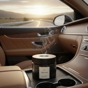 A luxury 2 oz obsidian black glass jar with a matte black lid, branded with the gold Tarikeyo Alchemist sun logo, sitting in the sleek cup holder of a premium car interior. Fine plumes of aromatic vapor rise from the jar against a sunset view through the windshield.